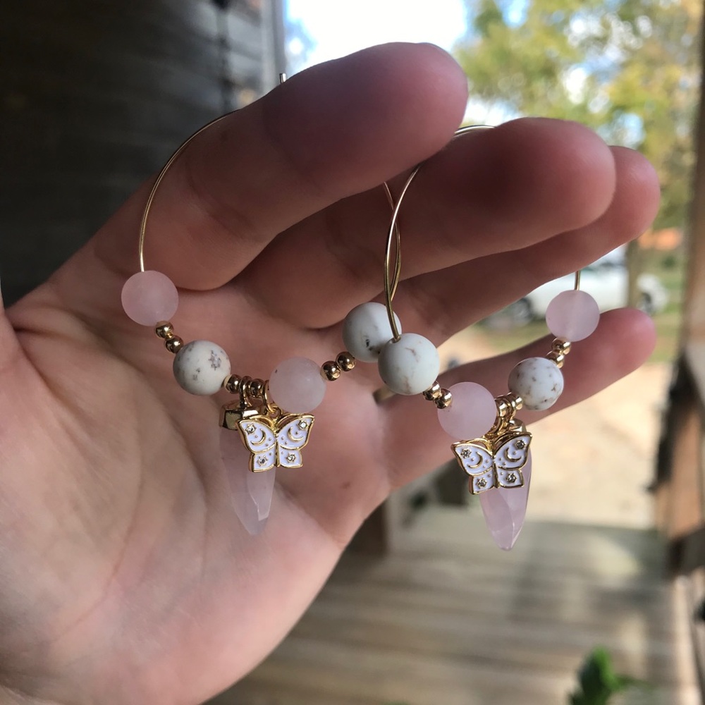 Rose Quartz White Turquoise Butterfly Hoop Earring - Picture 5 of 6